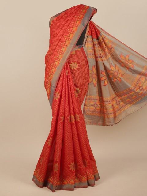 

Pothys Red & Yellow Floral Printed Jute Silk Saree