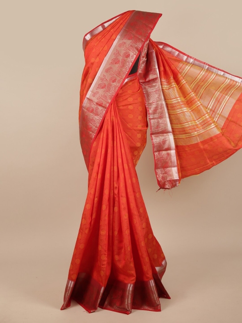 

Pothys Orange & Silver-Toned Floral Zari Jute Silk Saree