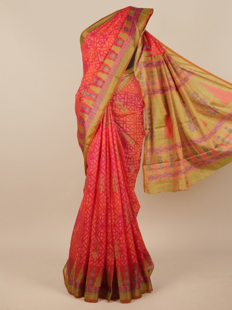 

Pothys Peach-Coloured & Green Floral Jute Silk Saree