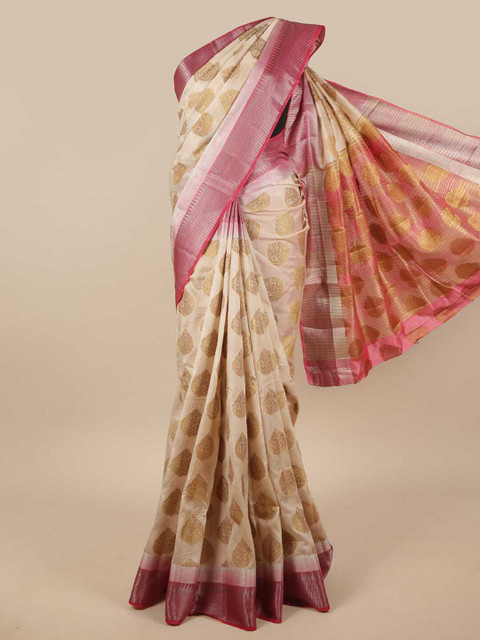 

Pothys Cream-Coloured & Pink Woven Design Zari Jute Silk Saree