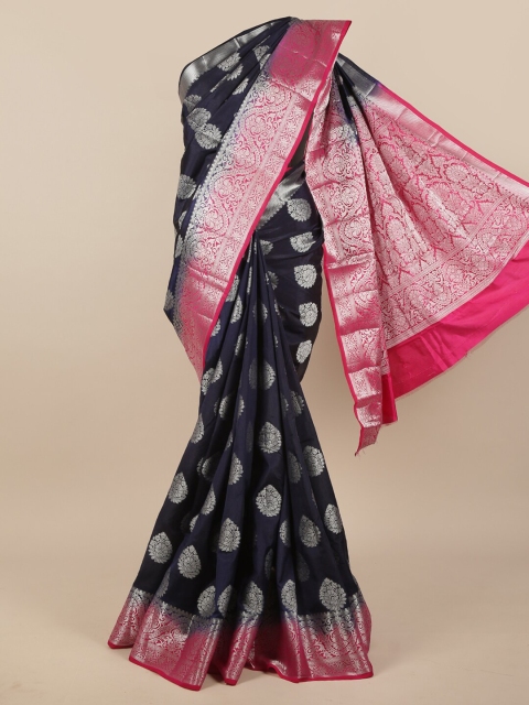 

Pothys Navy Blue & Silver-Toned Floral Zari Jute Silk Saree