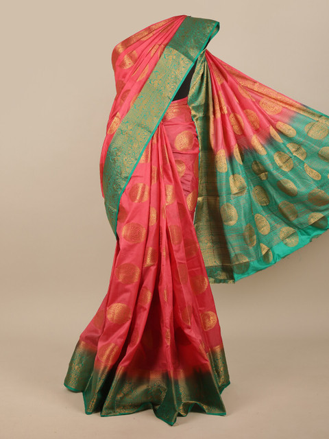 

Pothys Pink & Green Woven Design Zari Jute Silk Saree