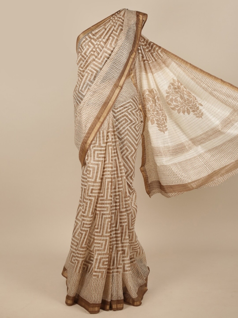 

Pothys Cream-Coloured & Brown Printed Zari Jute Silk Saree