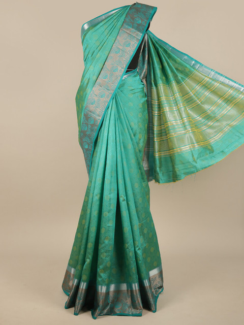 

Pothys Green & Silver-Toned Woven Design Zari Jute Silk Saree