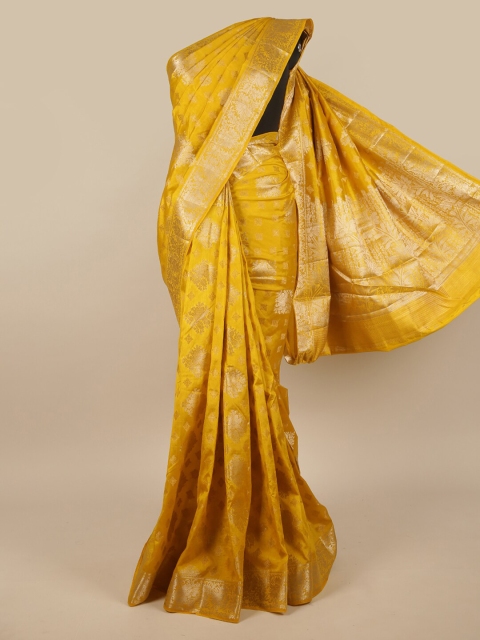 

Pothys Yellow & Gold-Toned Floral Zari Jute Silk Saree