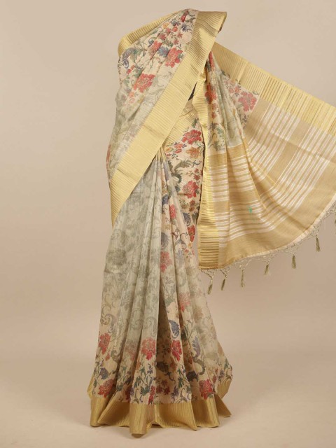 

Pothys Beige & Red Floral Zari Jute Silk Saree