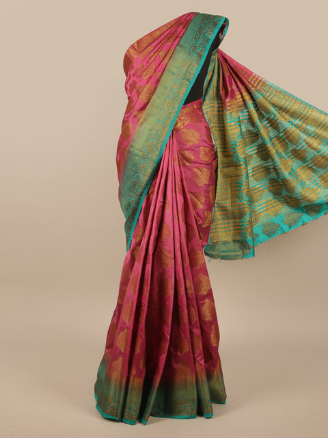 

Pothys Pink & Green Woven Design Zari Jute Silk Saree