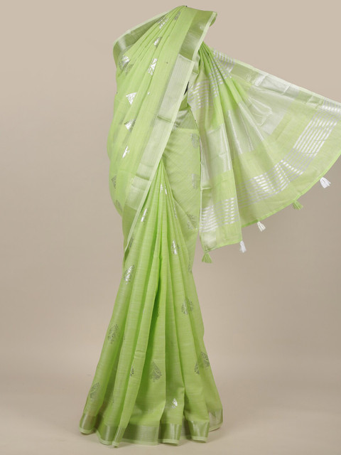 

Pothys Green & Silver-Toned Ethnic Motifs Linen Blend Saree