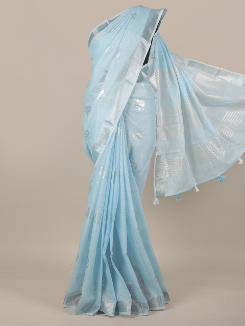 

Pothys Blue & Silver-Toned Floral Zari Linen Blend Saree