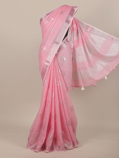 

Pothys Pink & Silver-Tone Woven Designed Linen Blend Saree