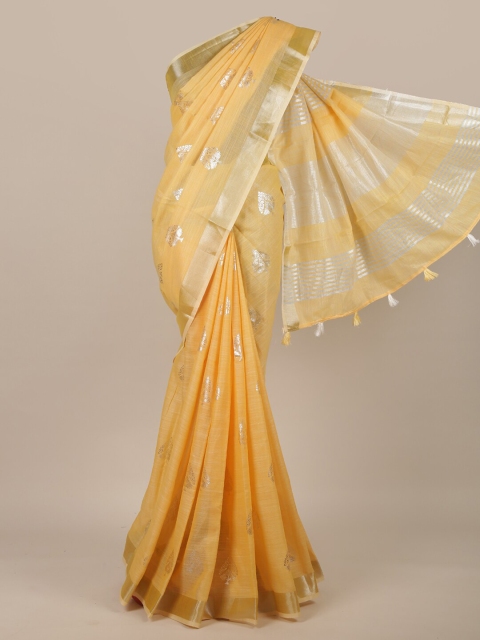 

Pothys Yellow & Silver-Toned Floral Zari Linen Blend Saree
