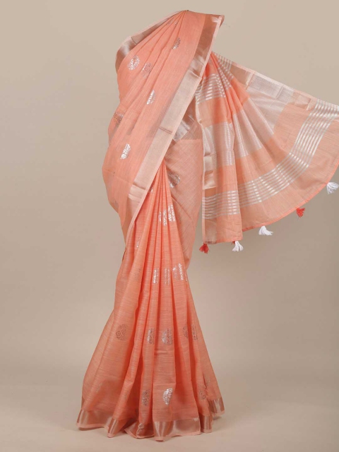 

Pothys Coral & Silver-Toned Floral Zari Linen Blend Saree