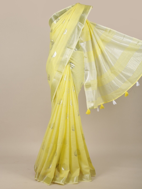 

Pothys Lime Green & Silver-Toned Floral Linen Blend Saree
