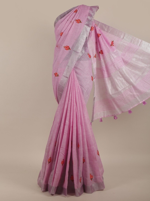 

Pothys Pink & Red Floral Zari Linen Blend Saree