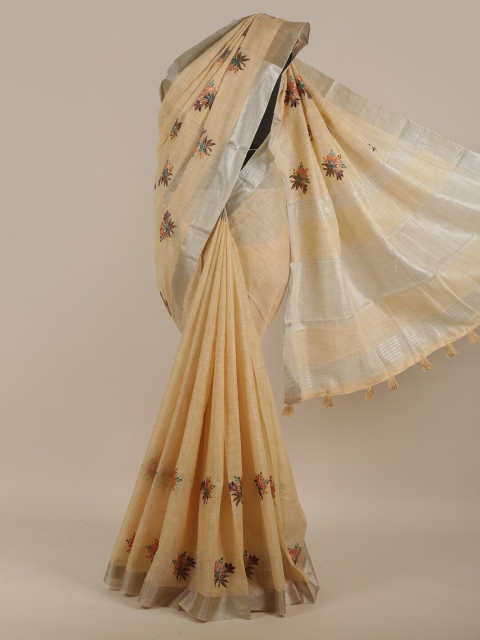 

Pothys Cream-Coloured & Silver-Toned Floral Linen Blend Saree