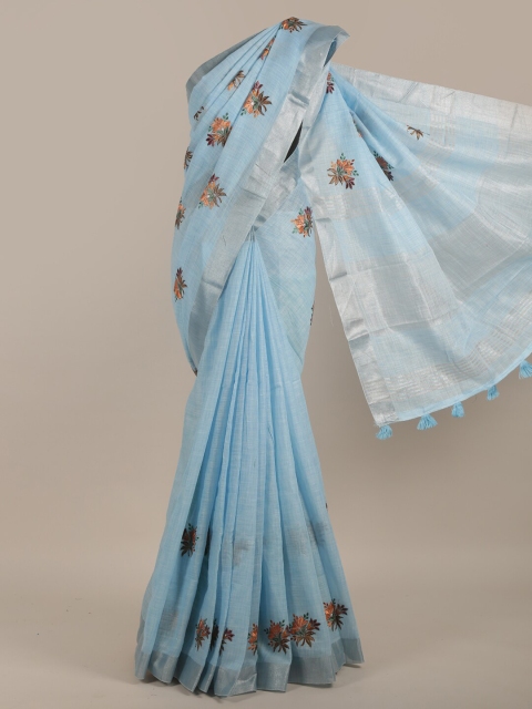 

Pothys Blue & Silver-Toned Floral Zari Linen Blend Saree