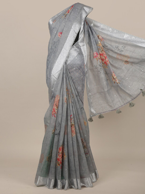 

Pothys Grey & Pink Floral Zari Saree