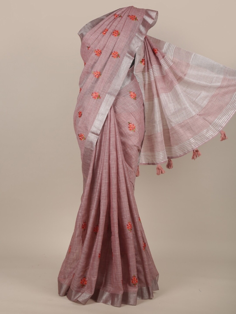 

Pothys Pink & Silver-Toned Floral Linen Blend Saree