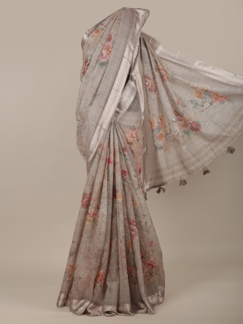 

Pothys Tan & Silver-Toned Floral Saree