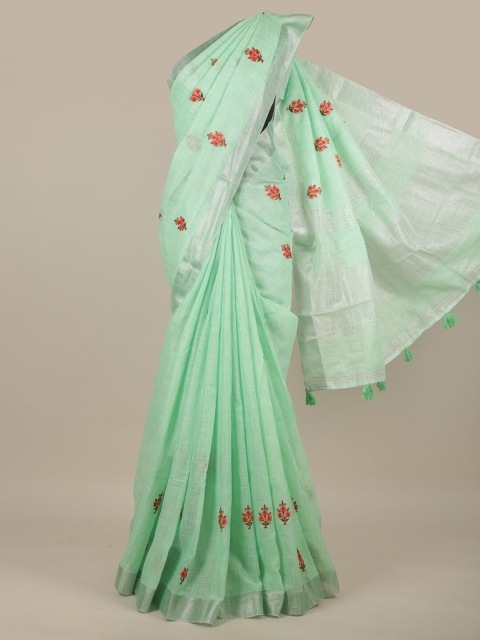 

Pothys Green & Red Floral Zari Linen Blend Saree