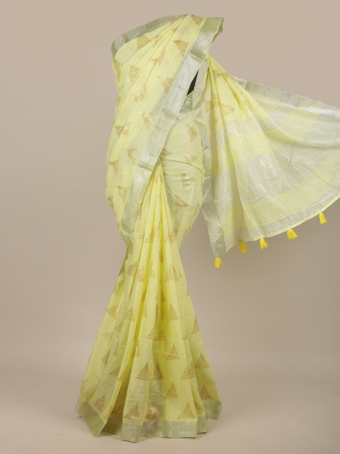 

Pothys Yellow & Silver-Toned Floral Zari Linen Blend Saree