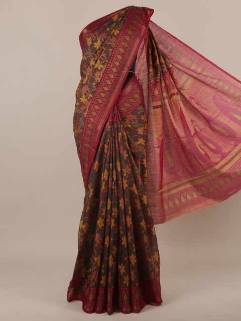 

Pothys Brown & Maroon Floral Printed Zari Border Saree