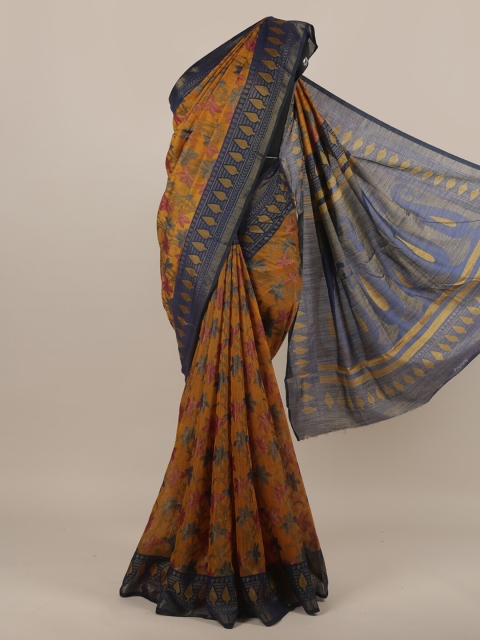

Pothys Mustard Yellow & Navy Blue Floral Zari Saree