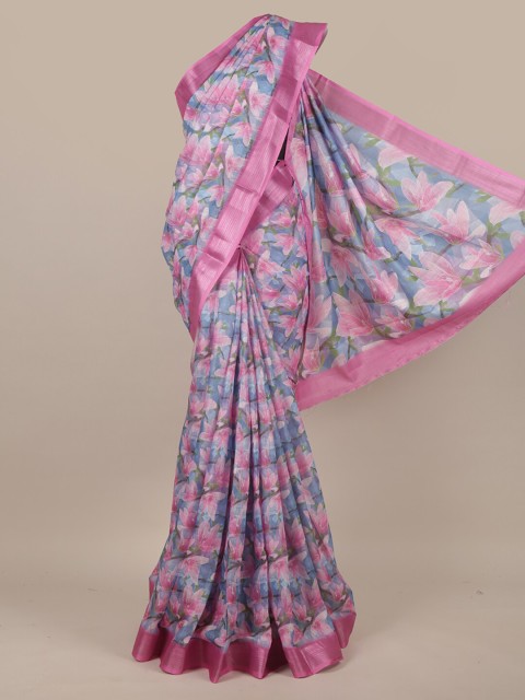 

Pothys Pink & Blue Floral Zari Jute Silk Saree