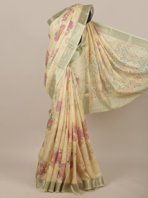 

Pothys Cream-Coloured Floral Printed Linen Blend Saree