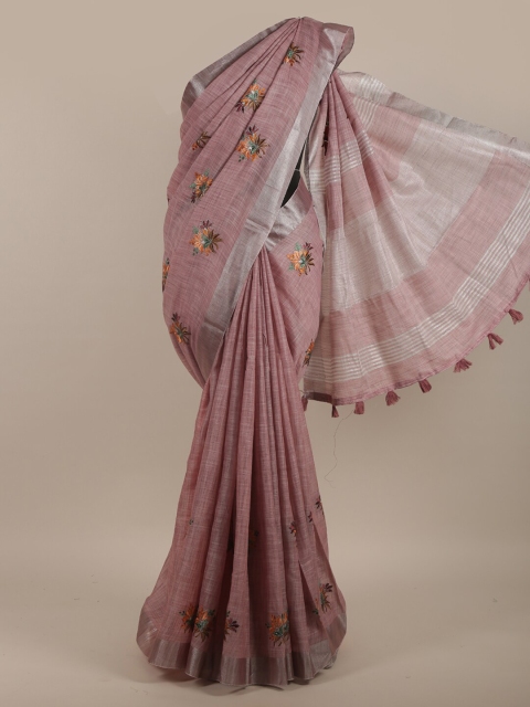 

Pothys Mauve & Silver-Toned Floral Embroidered Linen Blend Saree