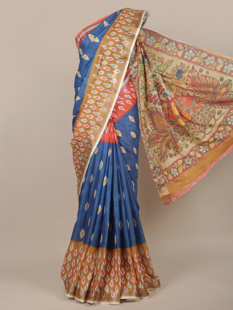 

Pothys Blue & Orange Ethnic Motifs Linen Blend Saree