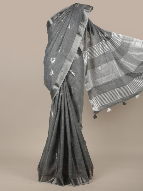 

Pothys Grey & Silver-Toned Floral Zari Linen Blend Saree