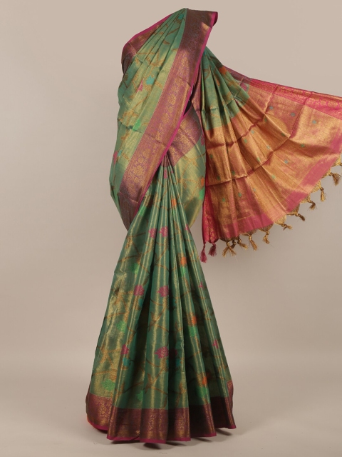 

Pothys Green & Orange Floral Zari Jute Silk Saree