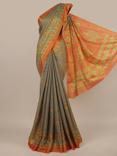 

Pothys Grey & Orange Floral Printed Poly Chiffon Saree