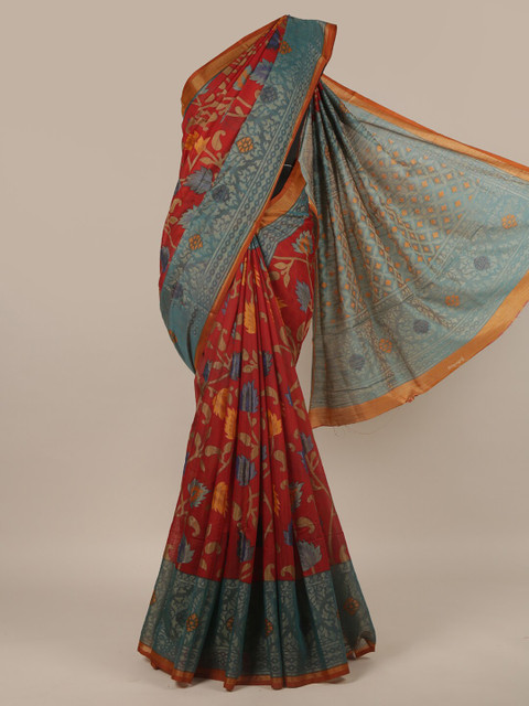 

Pothys Rust & Green Floral Printed Zari Saree