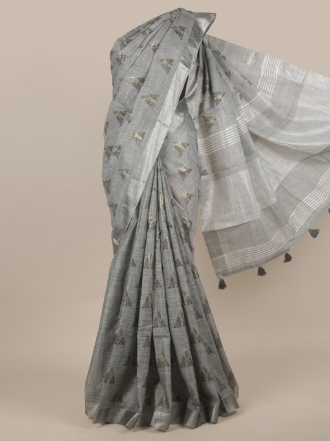 

Pothys Grey & Silver-Coloured Ethnic Motifs Printed Zari Linen Blend Saree
