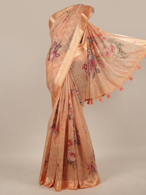 

Pothys Peach-Coloured & Pink Floral Saree