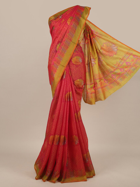 

Pothys Pink & Yellow Floral Pothys Chiffon Saree