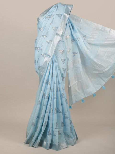 

Pothys Blue & Silver-Toned Zari Linen Blend Saree
