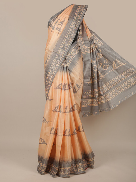 

Pothys Peach-Coloured & Grey Printed Jute Silk Saree