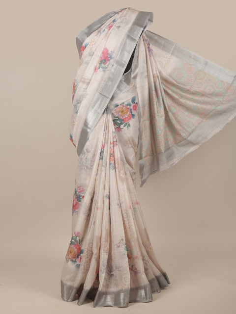 

Pothys Off White & Red Floral Zari Linen Blend Saree