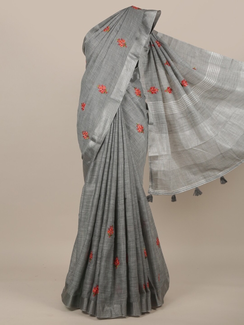 

Pothys Grey & Red Ethnic Motifs Embroidered Linen Blend Saree