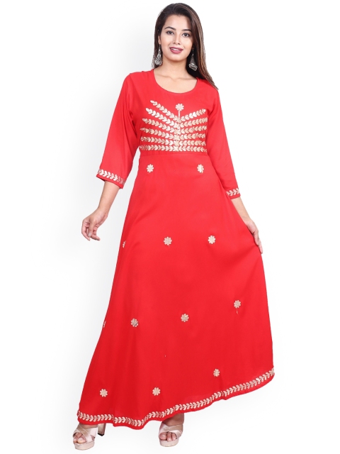 

PNEHA Women Red Embroidered Flared Sleeves Mirror Work Anarkali Kurta