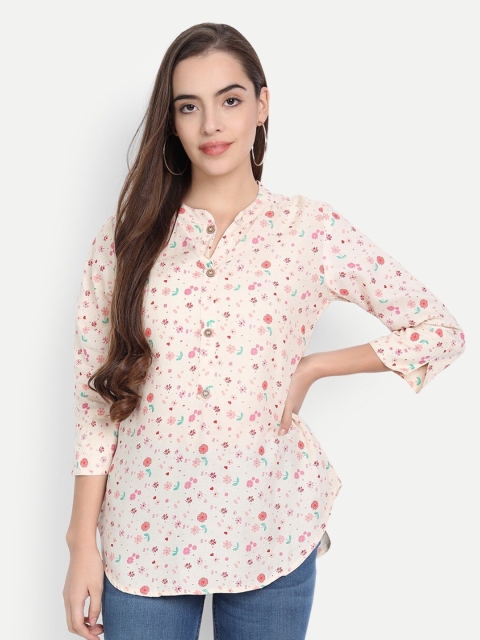 

PNEHA Pink Floral Mandarin Collar Regular Top