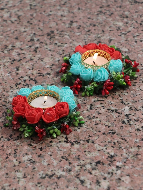 

PASSION PETALS Gold-Toned & Blue Floral Embellished Tea Light Candle Holder With Led Candles