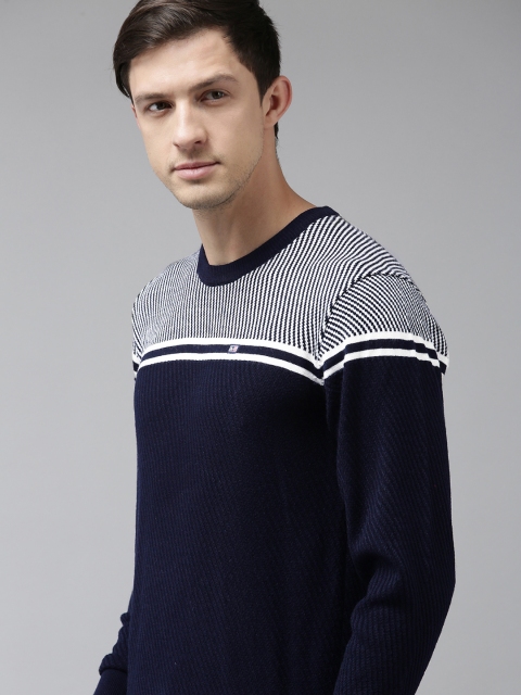 

Arrow Men Navy Blue & White Colourblocked Engineered Pullover Sweater