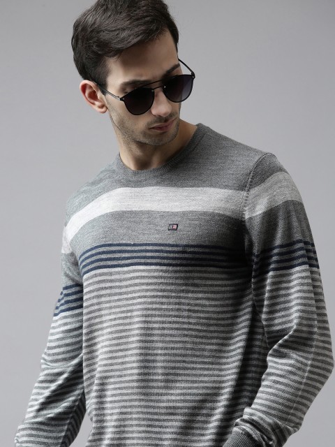 

Arrow Men Grey Engineered Striped Round-Neck Pullover Sweater
