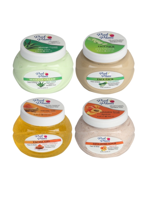 

PINK PLUMS Unisex AloeVera Massage Cream, Face Pack, Haldi Gel & Apricot Scrub Combo, Multi