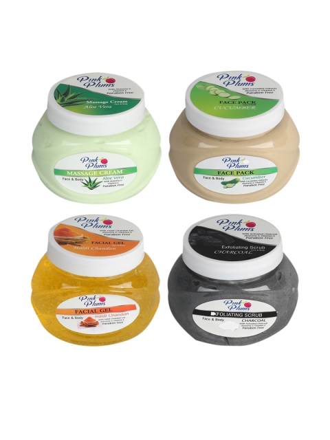 

PINK PLUMS Unisex AloeVera Massage Cream, Face Pack, Haldi Gel & Charcoal Scrub Combo, Multi