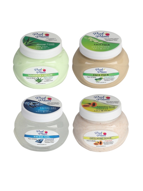 

Pink Plums Unisex Set Of 4 Cucumber & Papaya Face & Body Facial Kit Gift Set, Green